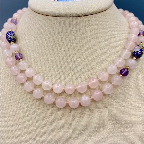 ROSE QUARTZ AND CLOISONNÉ BEADS 30” - Picture 2 of 7